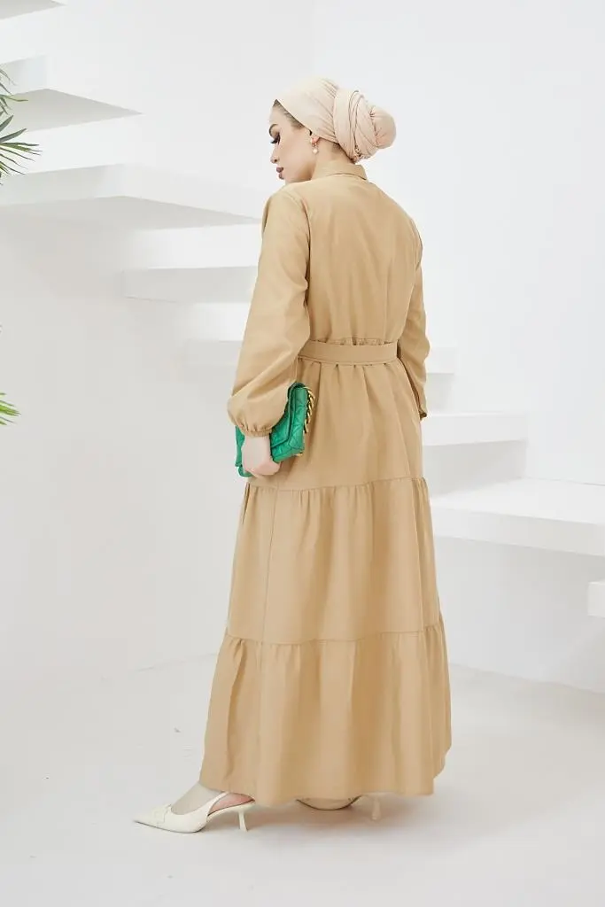 427 Gömlek Yaka Düğmeli Tesettür Elbise Bej-detail