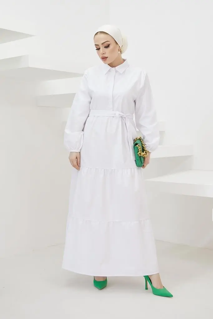 427 Gömlek Yaka Düğmeli Tesettür Elbise Beyaz-detail