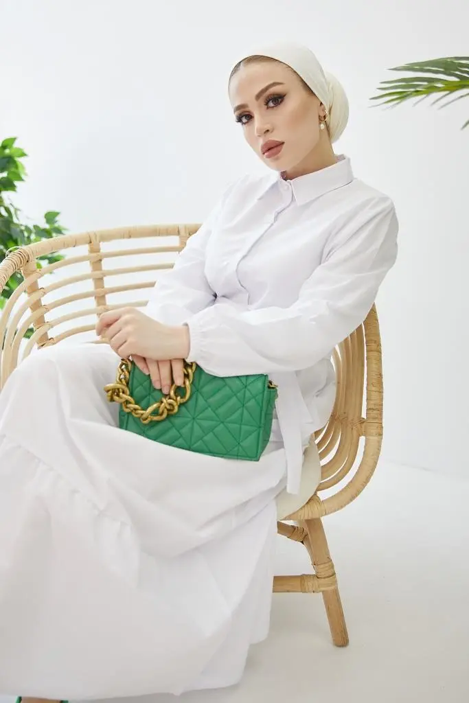 427 Gömlek Yaka Düğmeli Tesettür Elbise Beyaz-detail