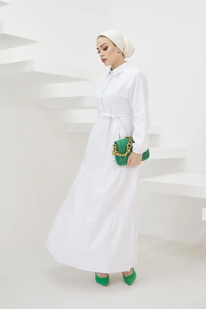 427 Gömlek Yaka Düğmeli Tesettür Elbise Beyaz-detail