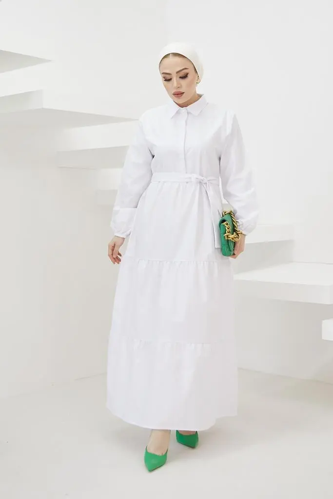 427 Gömlek Yaka Düğmeli Tesettür Elbise Beyaz-detail