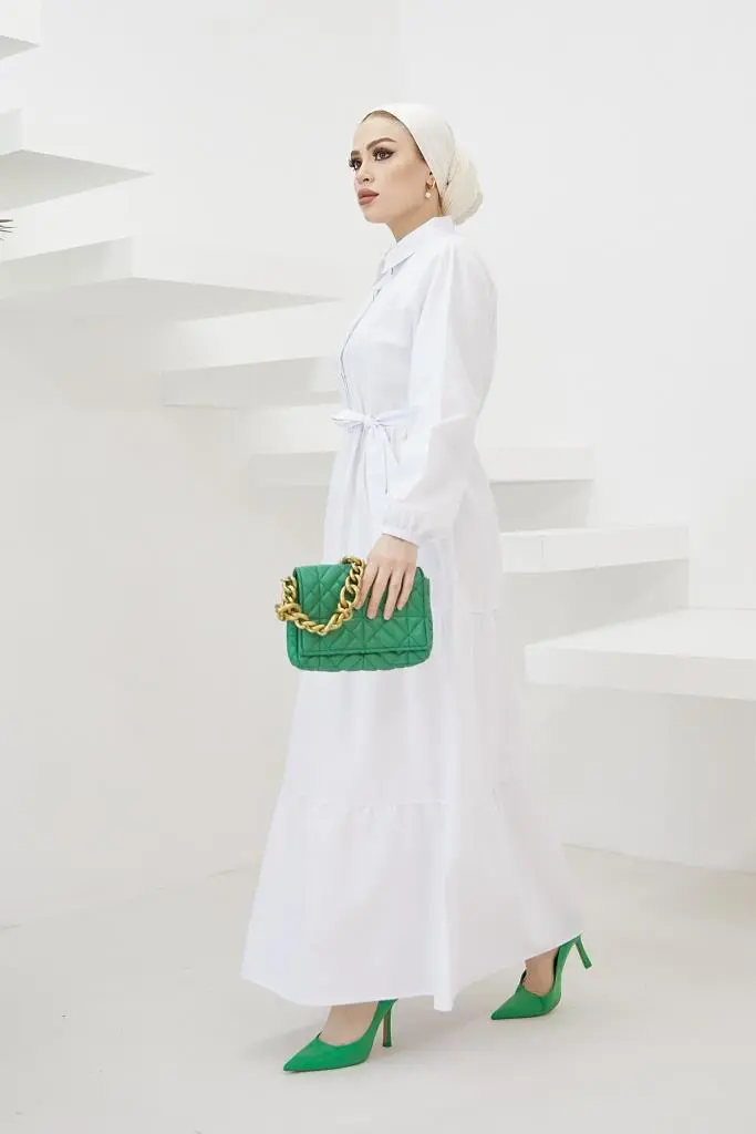 427 Gömlek Yaka Düğmeli Tesettür Elbise Beyaz-detail