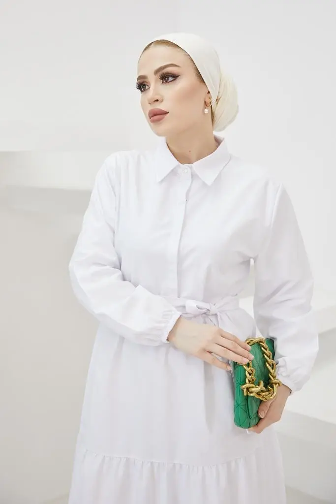 427 Gömlek Yaka Düğmeli Tesettür Elbise Beyaz-detail
