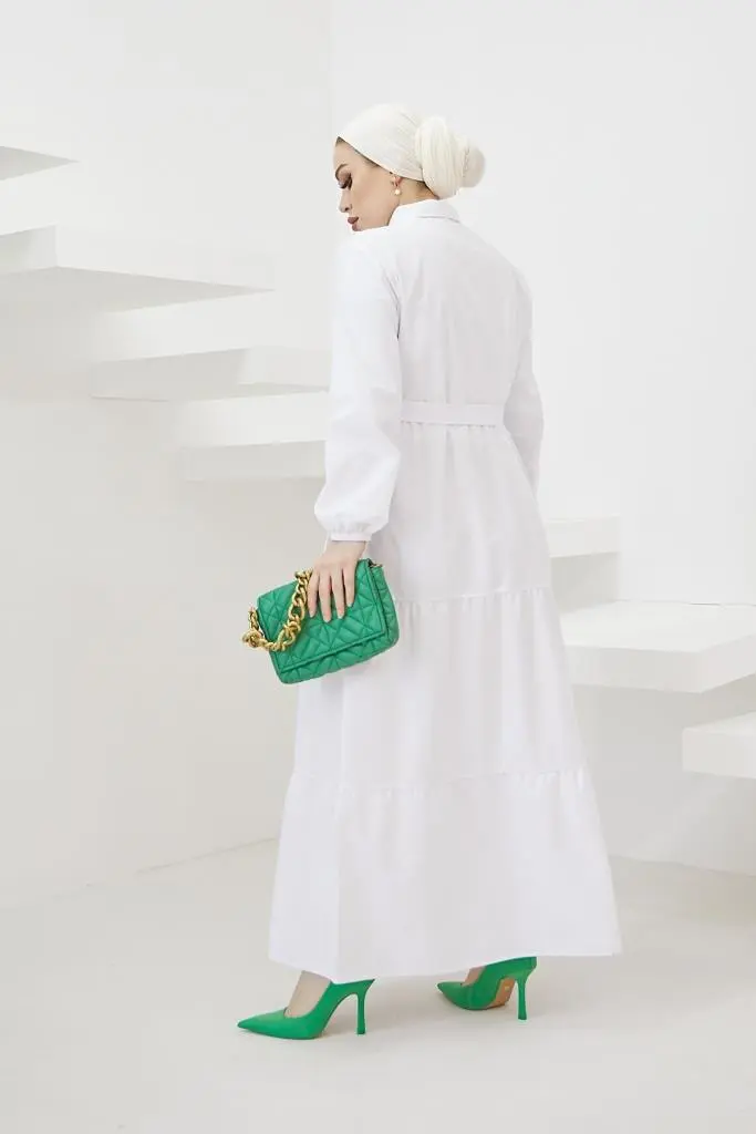 427 Gömlek Yaka Düğmeli Tesettür Elbise Beyaz-detail