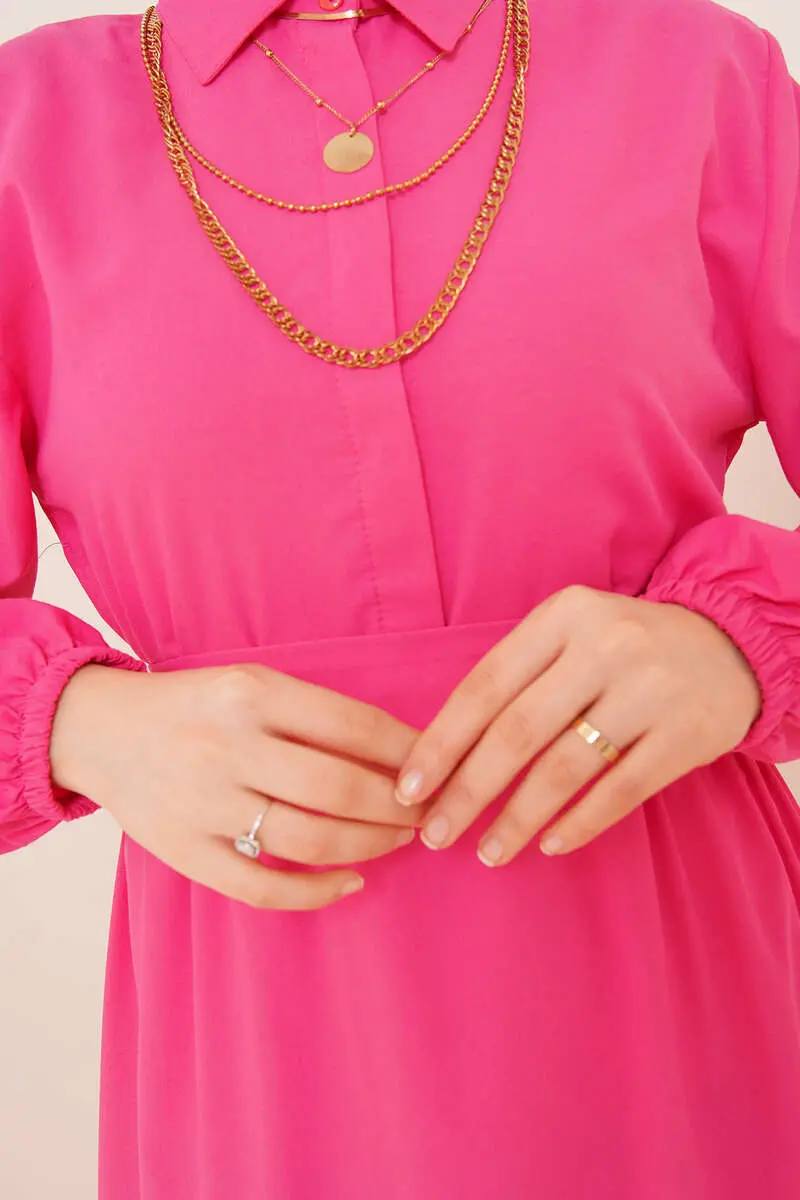 427 Gömlek Yaka Düğmeli Tesettür Elbise Fuşya-detail