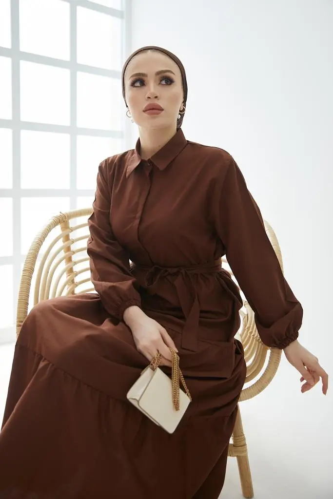 Brown Color Shirt Collar Buttoned Dress-detail