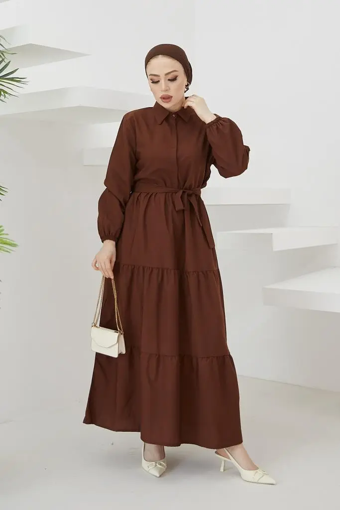Brown Color Shirt Collar Buttoned Dress-detail