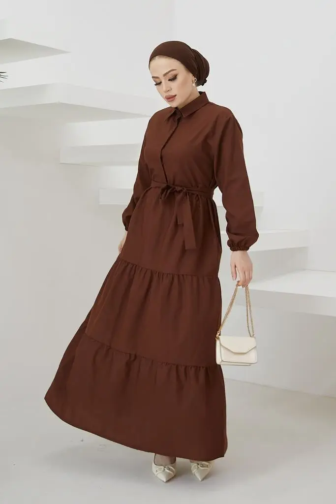 Brown Color Shirt Collar Buttoned Dress-detail