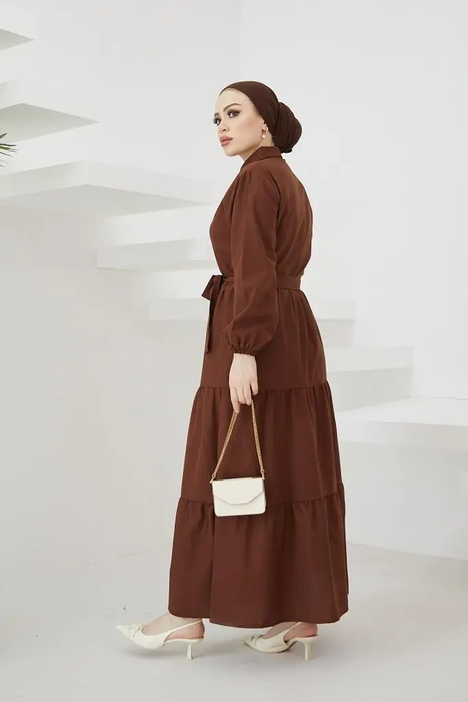 Brown Color Shirt Collar Buttoned Dress-detail