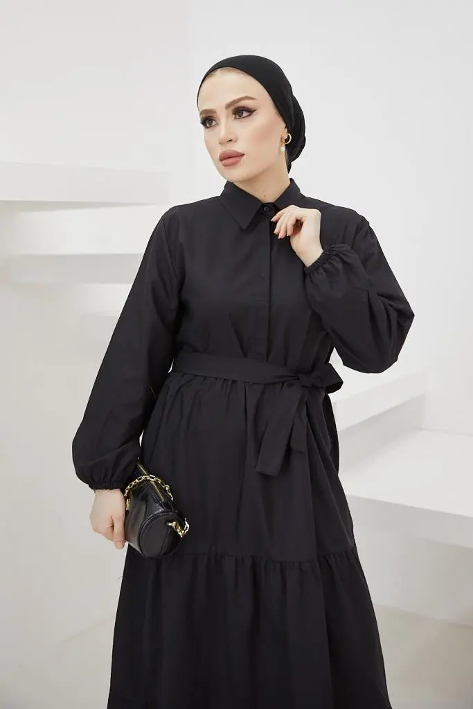 427 Gömlek Yaka Düğmeli Tesettür Elbise Siyah-detail