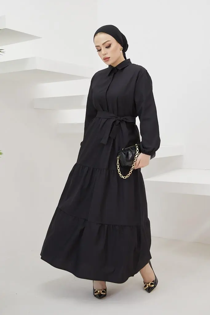 427 Gömlek Yaka Düğmeli Tesettür Elbise Siyah-detail