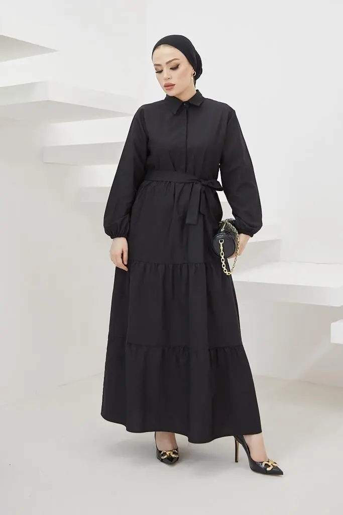 427 Gömlek Yaka Düğmeli Tesettür Elbise Siyah-detail
