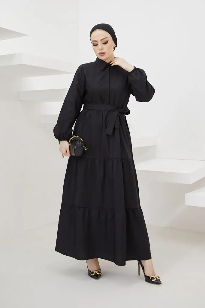 427 Gömlek Yaka Düğmeli Tesettür Elbise Siyah-detail