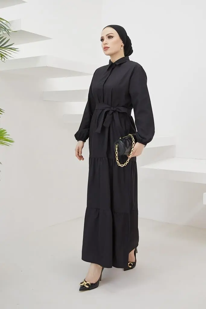 427 Gömlek Yaka Düğmeli Tesettür Elbise Siyah-detail