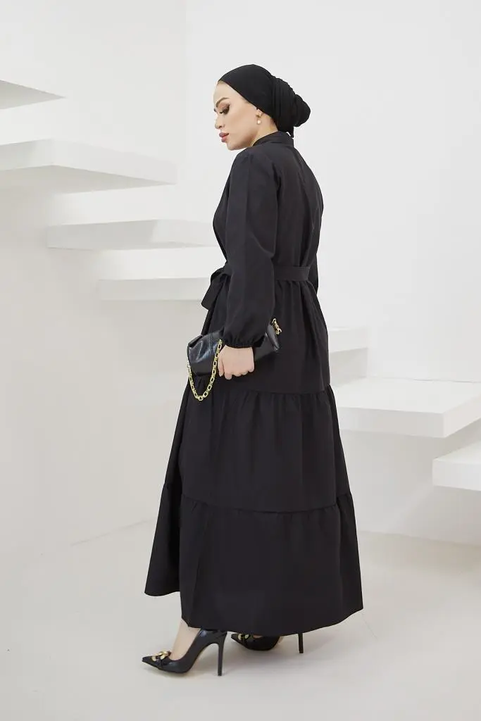 427 Gömlek Yaka Düğmeli Tesettür Elbise Siyah-detail