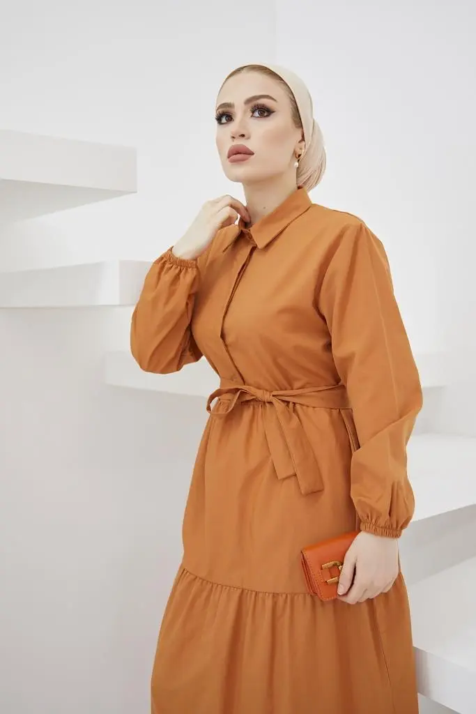 427 Gömlek Yaka Düğmeli Tesettür Elbise Tarçın-detail