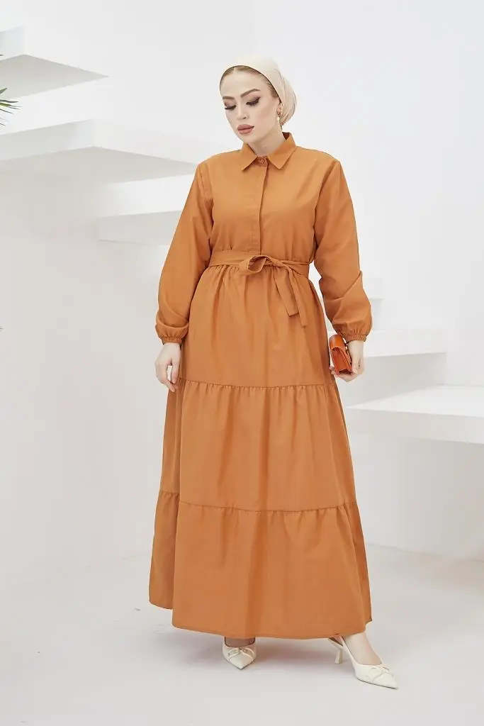 427 Gömlek Yaka Düğmeli Tesettür Elbise Tarçın-detail