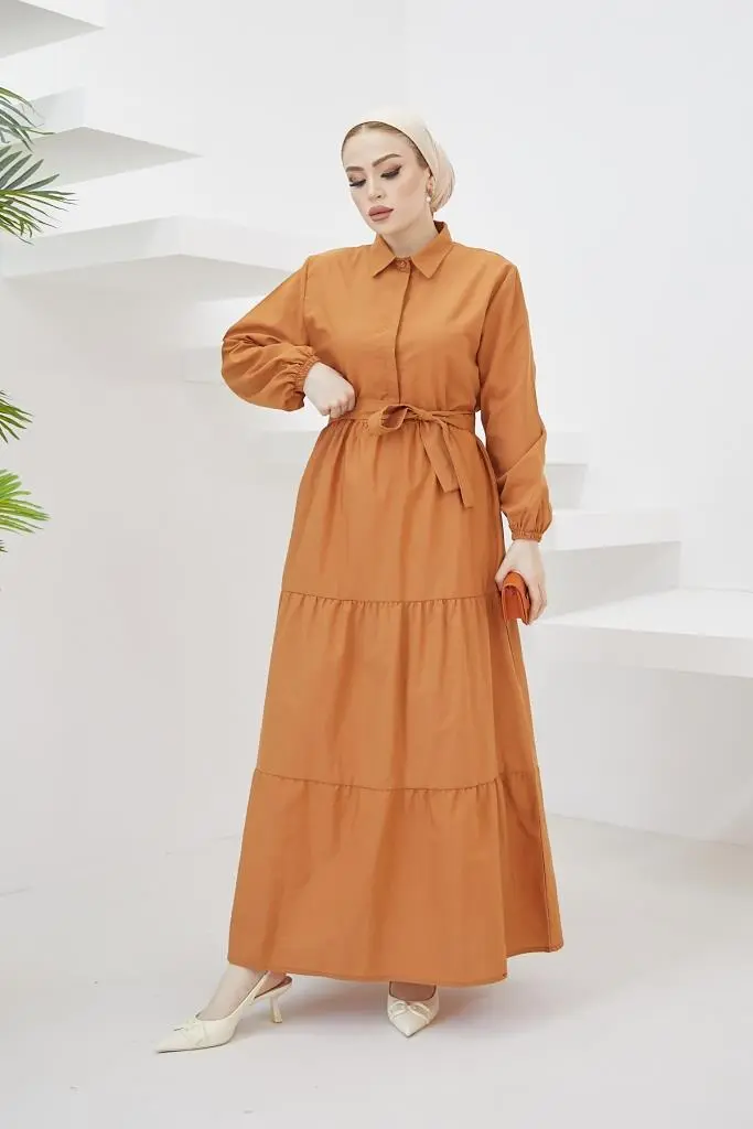 427 Gömlek Yaka Düğmeli Tesettür Elbise Tarçın-detail