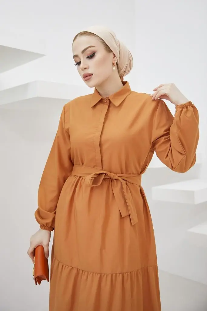 427 Gömlek Yaka Düğmeli Tesettür Elbise Tarçın-detail