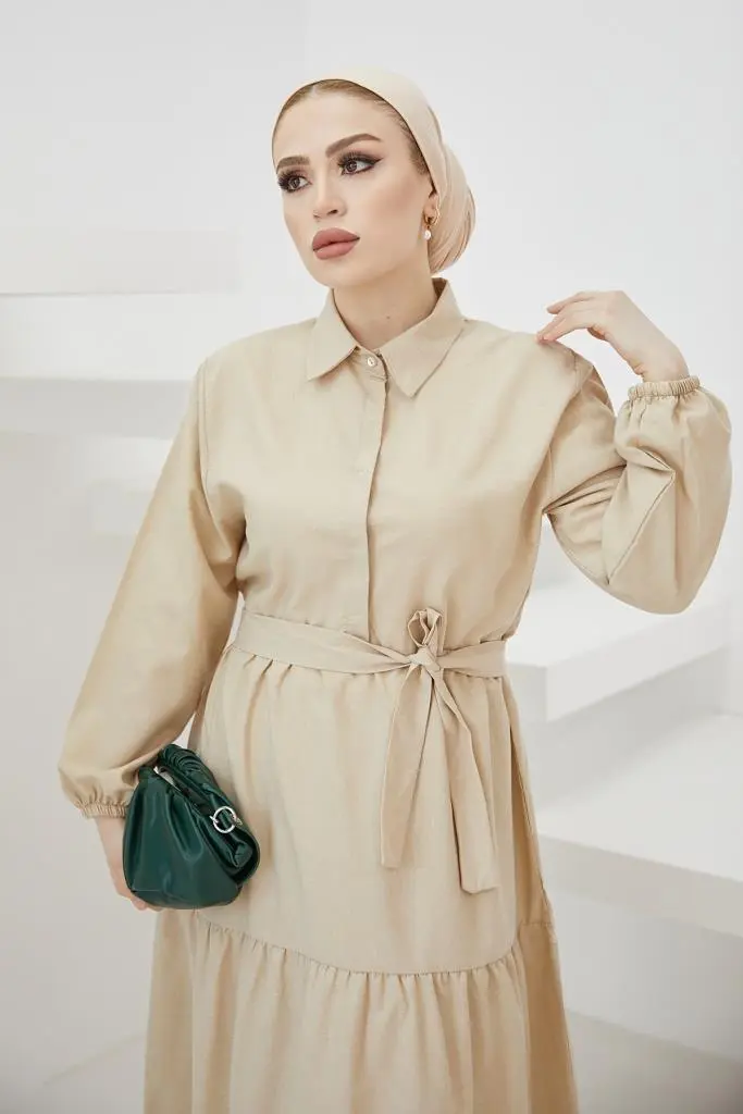 427 Gömlek Yaka Düğmeli Tesettür Elbise Taş-detail