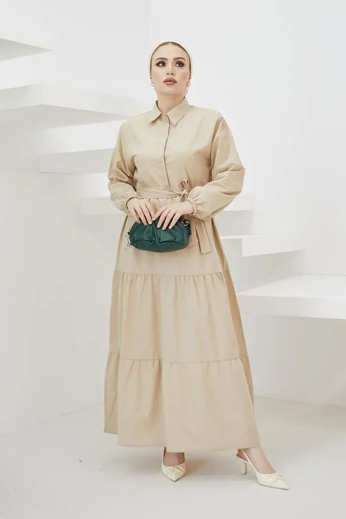 427 Gömlek Yaka Düğmeli Tesettür Elbise Taş-detail