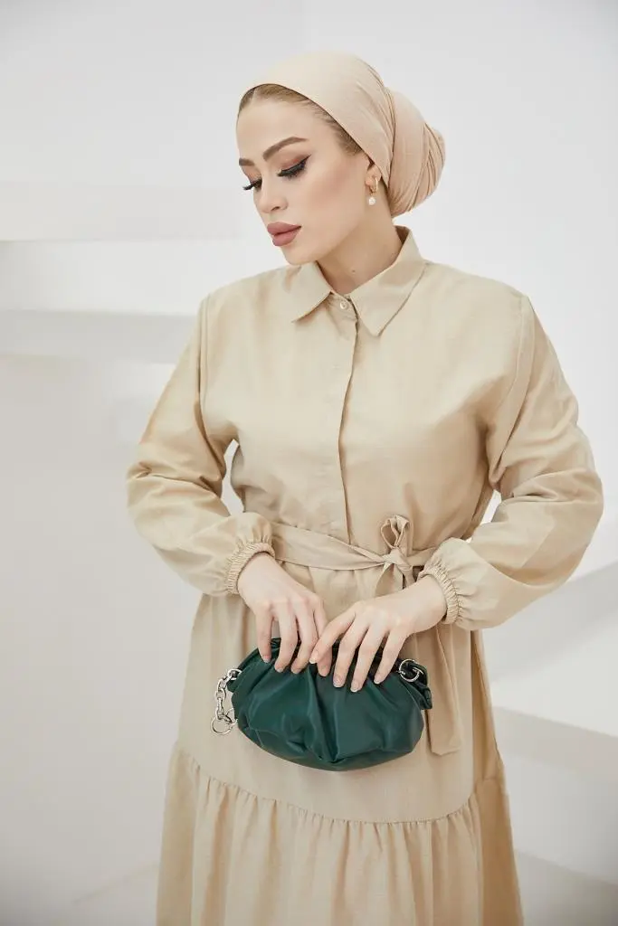 427 Gömlek Yaka Düğmeli Tesettür Elbise Taş-detail