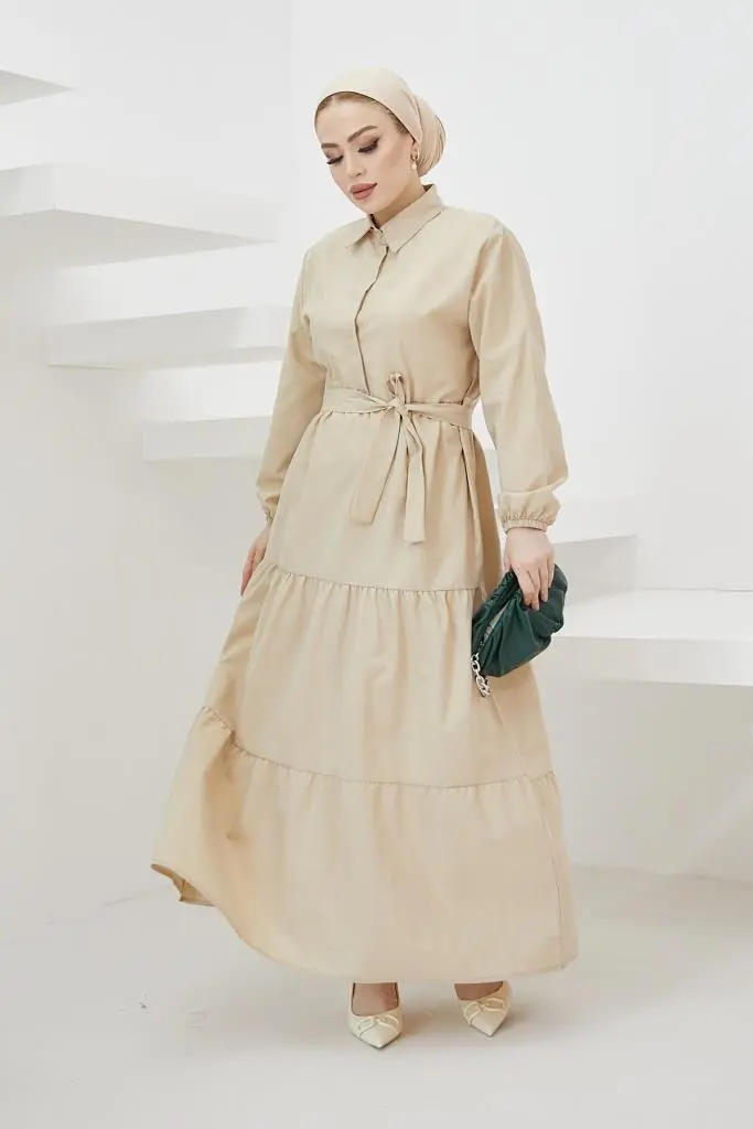 427 Gömlek Yaka Düğmeli Tesettür Elbise Taş-detail