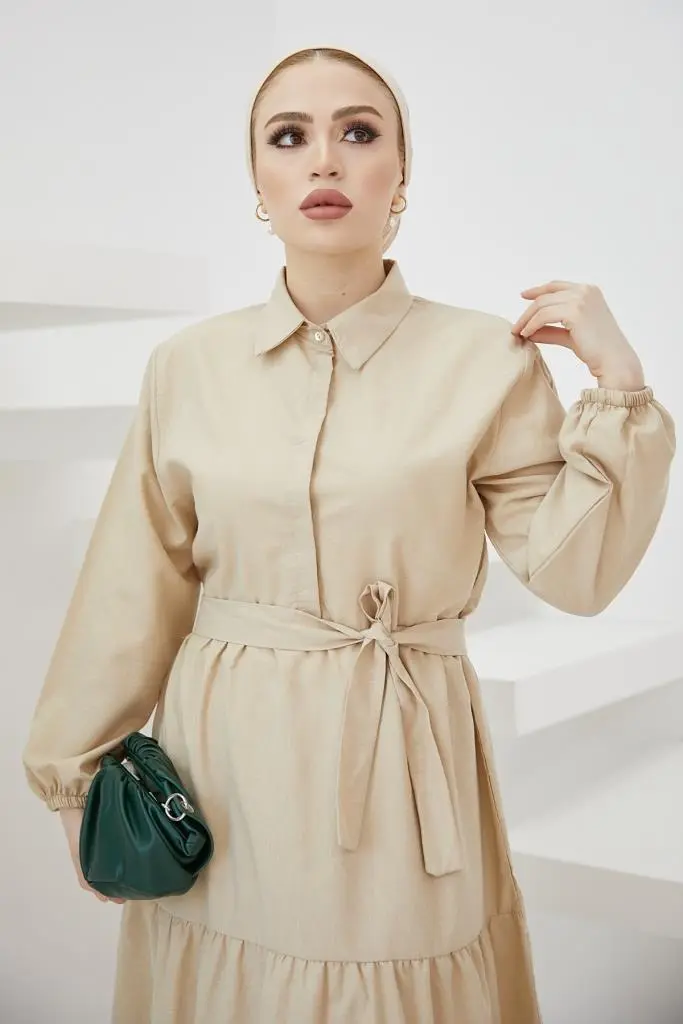 427 Gömlek Yaka Düğmeli Tesettür Elbise Taş-detail