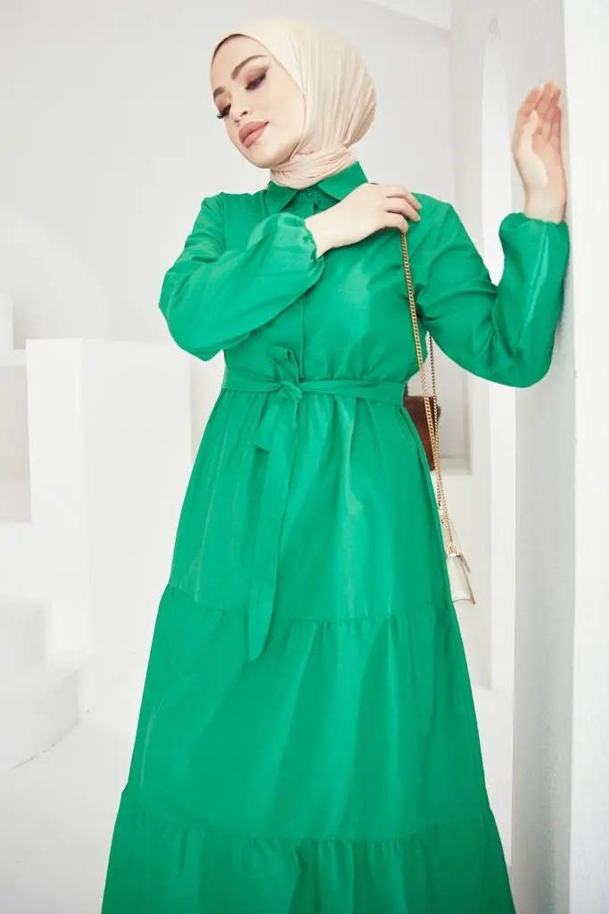 427 Gömlek Yaka Düğmeli Tesettür Elbise Yeşil-detail