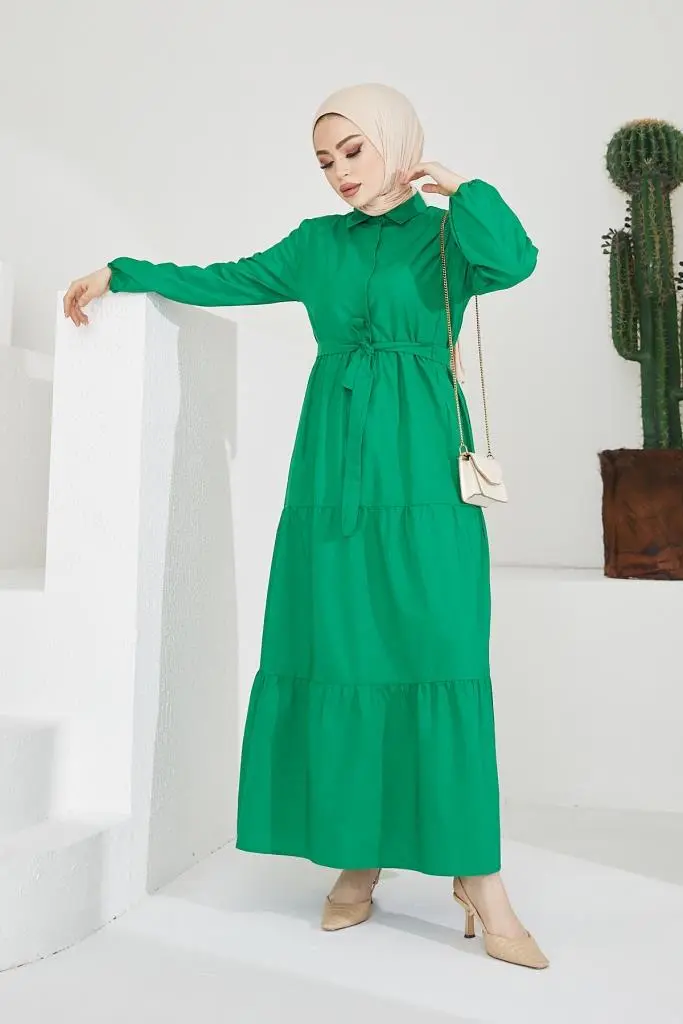 427 Gömlek Yaka Düğmeli Tesettür Elbise Yeşil-detail