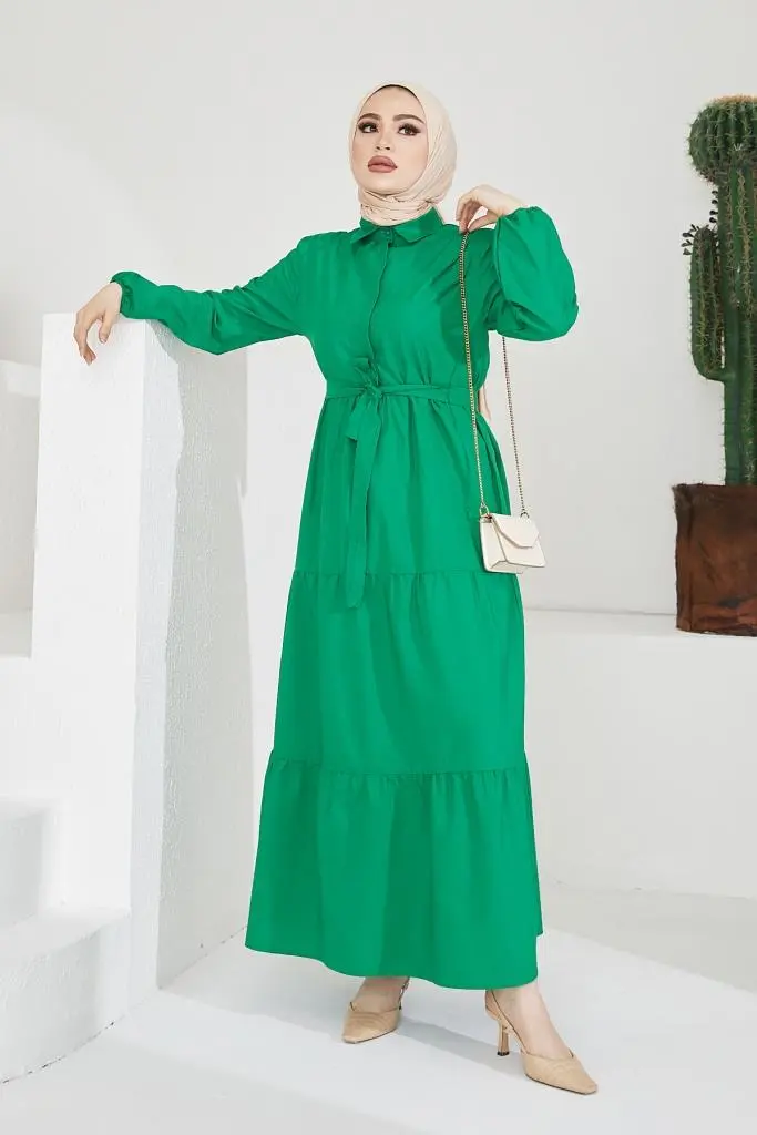 427 Gömlek Yaka Düğmeli Tesettür Elbise Yeşil-detail