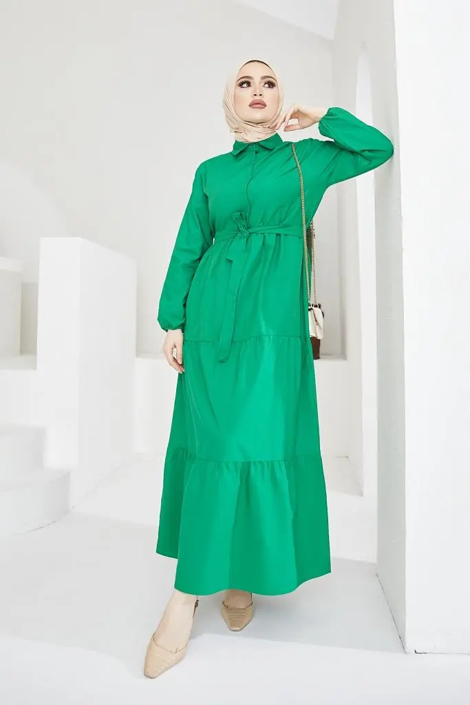 427 Gömlek Yaka Düğmeli Tesettür Elbise Yeşil-detail