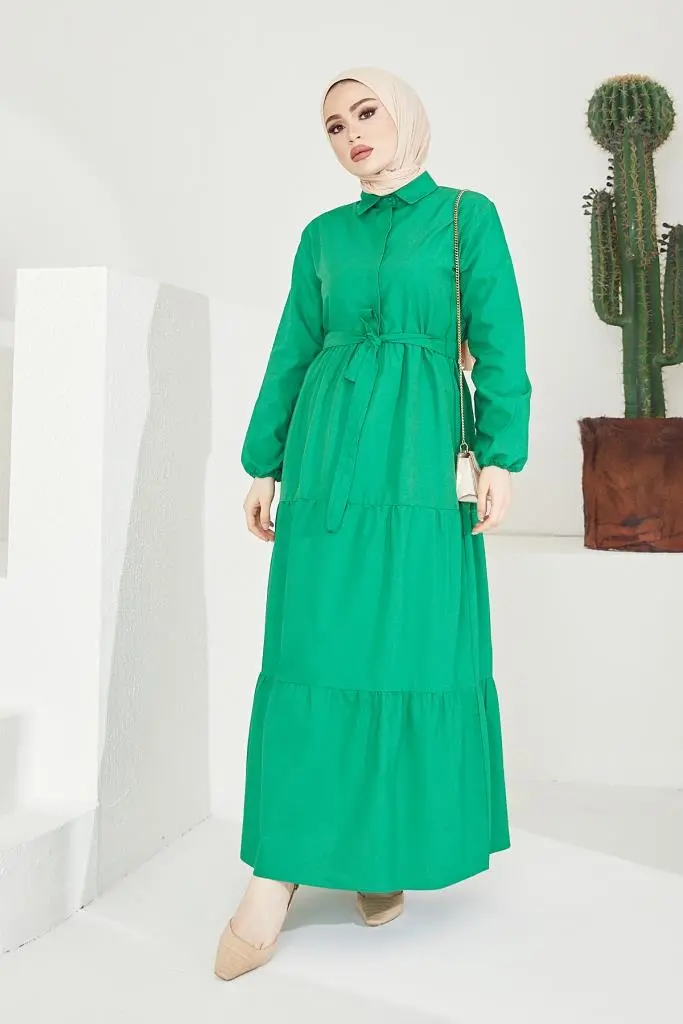 427 Gömlek Yaka Düğmeli Tesettür Elbise Yeşil-detail