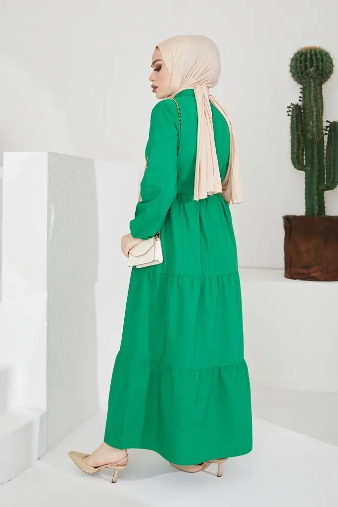 427 Gömlek Yaka Düğmeli Tesettür Elbise Yeşil-detail