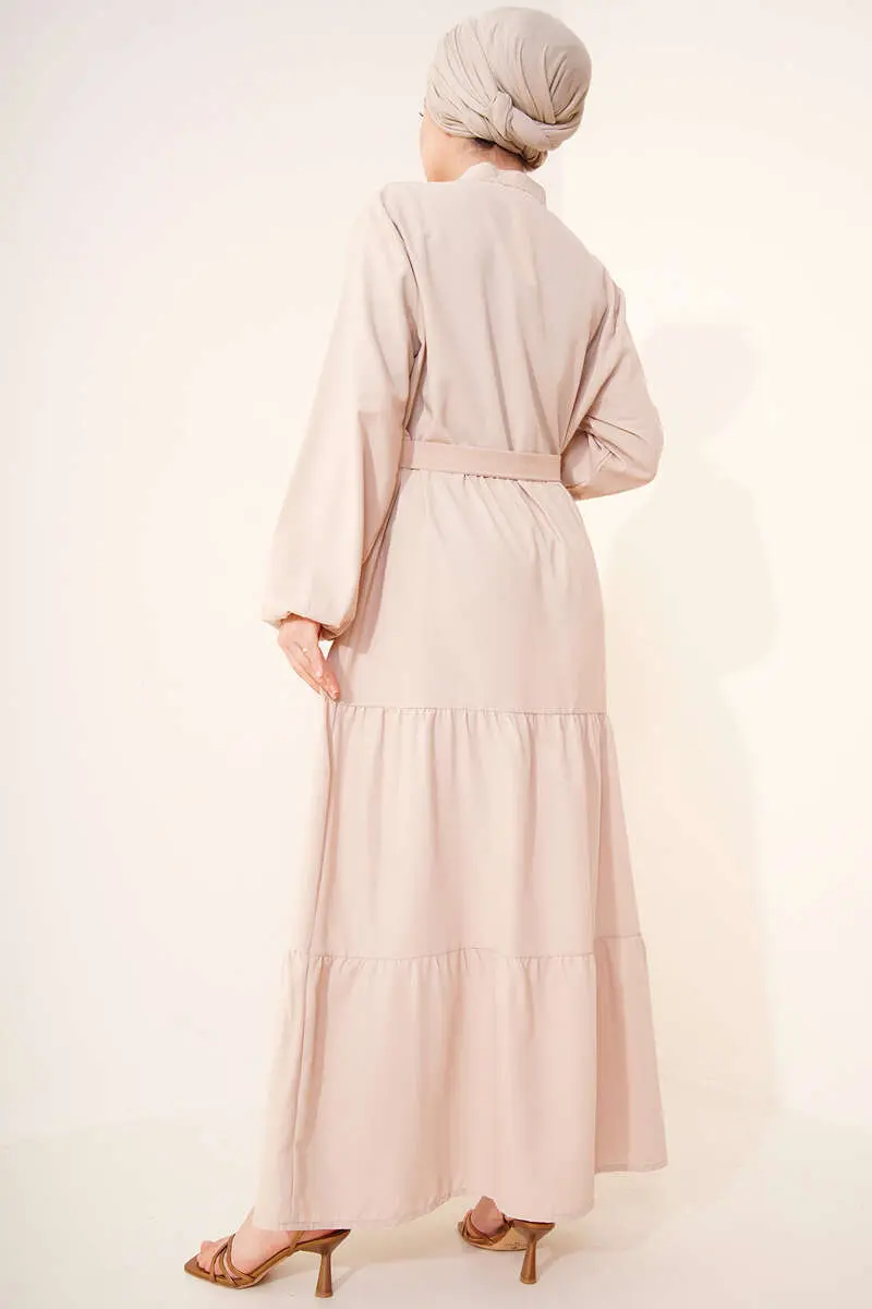 428 Hakim Yaka Düğmeli Tesettür Elbise Bej-detail