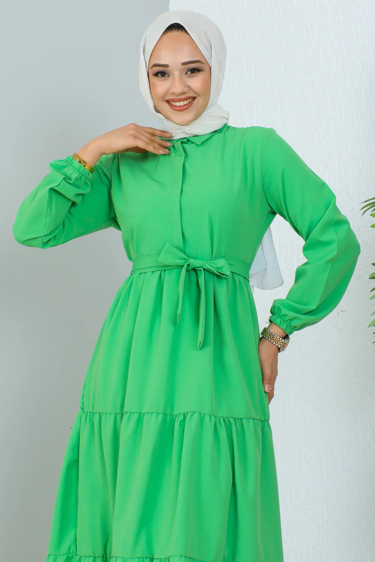 428 Hakim Yaka Düğmeli Tesettür Elbise Benetton Yeşili-detail