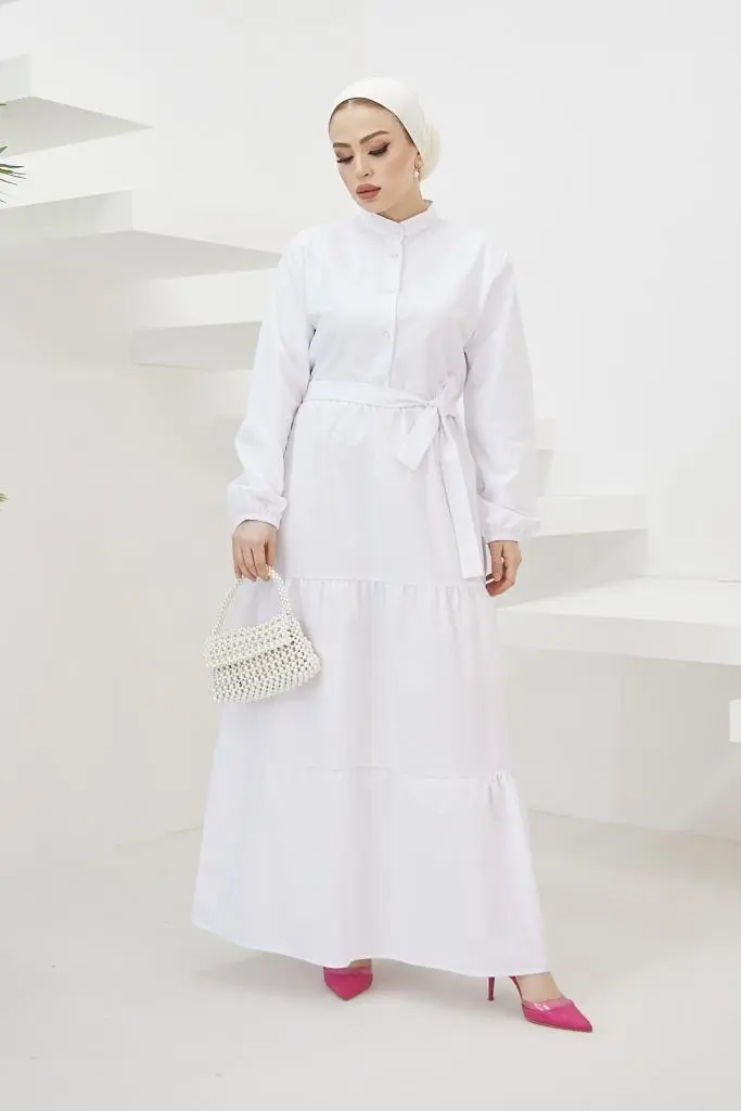 428 Hakim Yaka Düğmeli Tesettür Elbise Beyaz-detail