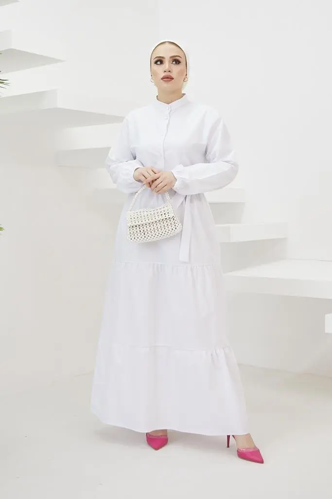428 Hakim Yaka Düğmeli Tesettür Elbise Beyaz-detail