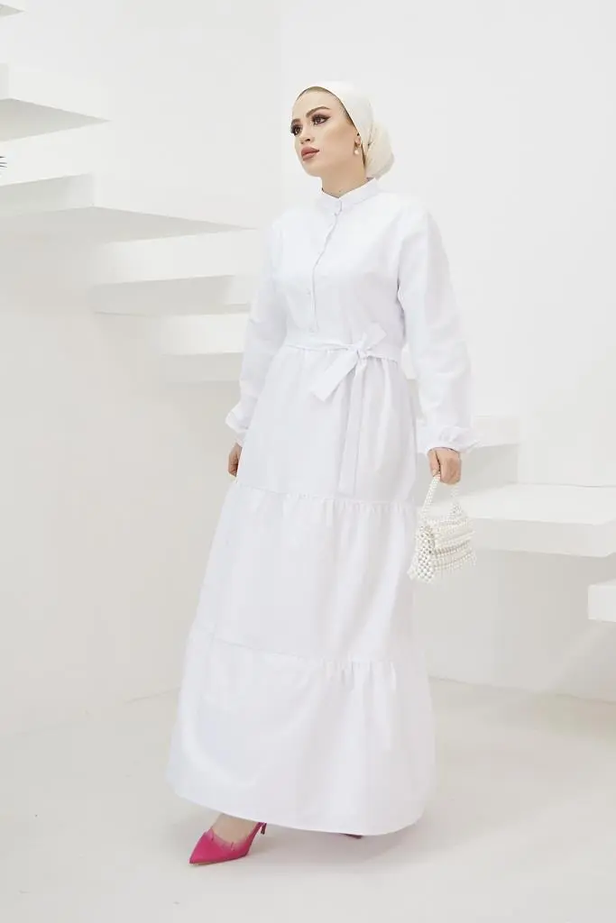 428 Hakim Yaka Düğmeli Tesettür Elbise Beyaz-detail