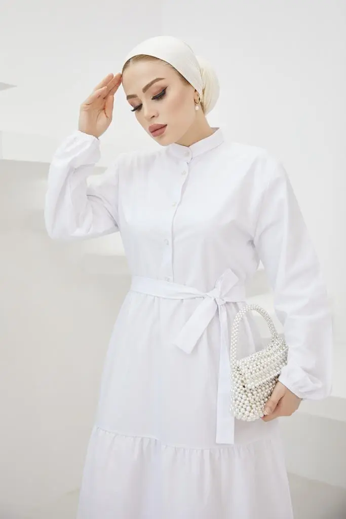 428 Hakim Yaka Düğmeli Tesettür Elbise Beyaz-detail