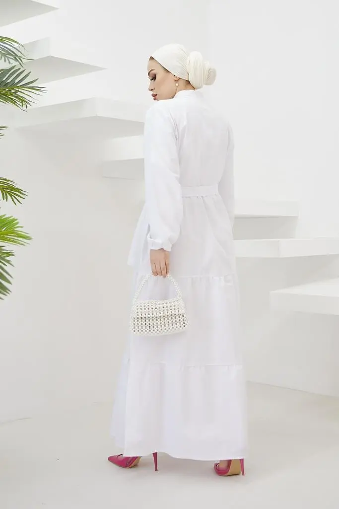 428 Hakim Yaka Düğmeli Tesettür Elbise Beyaz-detail