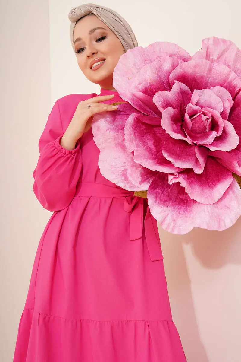 428 Hakim Yaka Düğmeli Tesettür Elbise Fuşya-detail