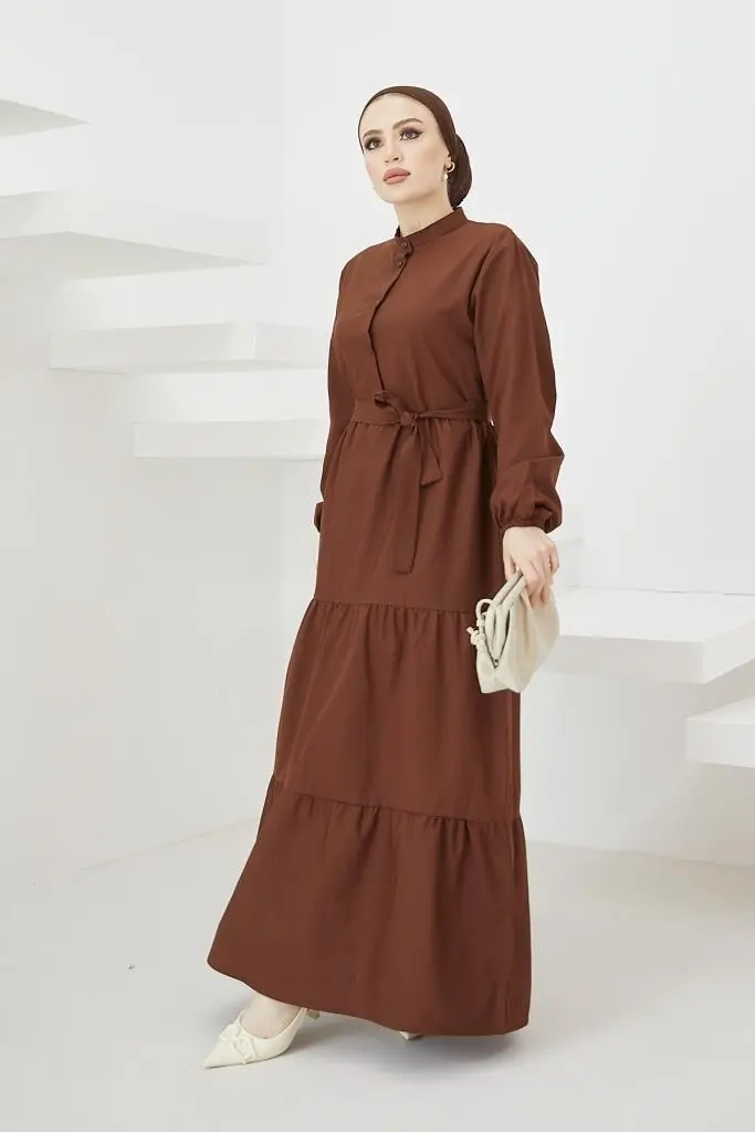 428 Hakim Yaka Düğmeli Tesettür Elbise Kahve-detail