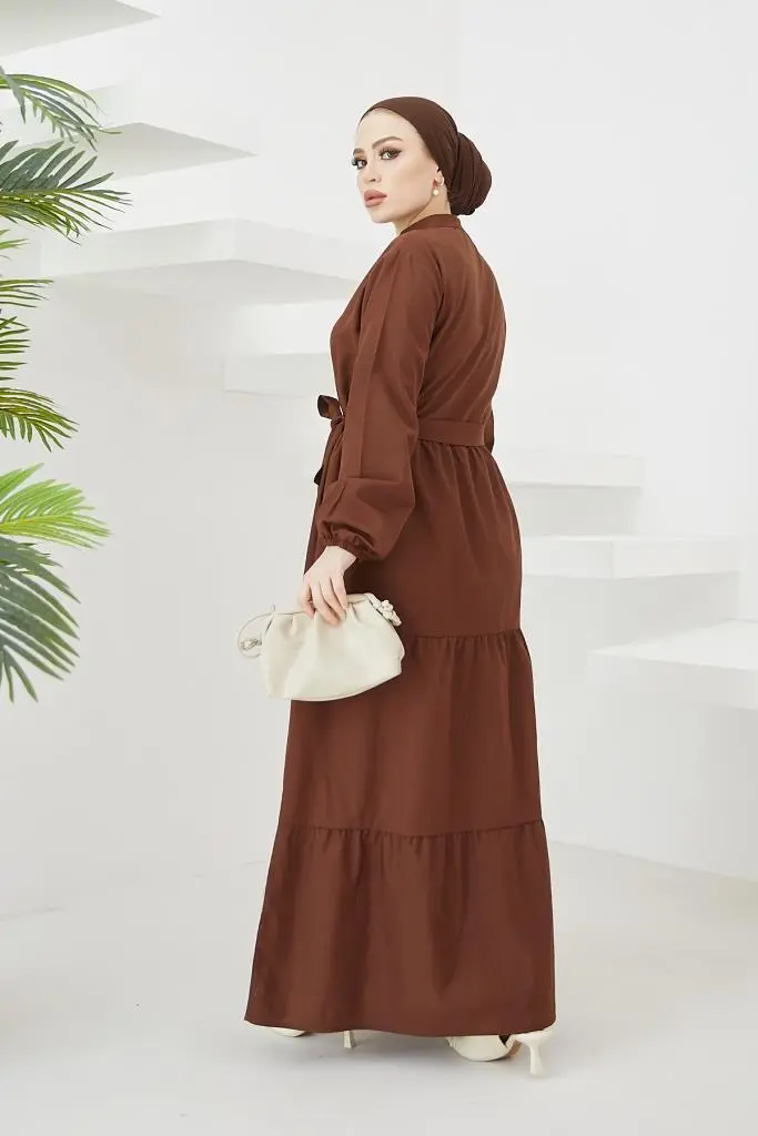 428 Hakim Yaka Düğmeli Tesettür Elbise Kahve-detail