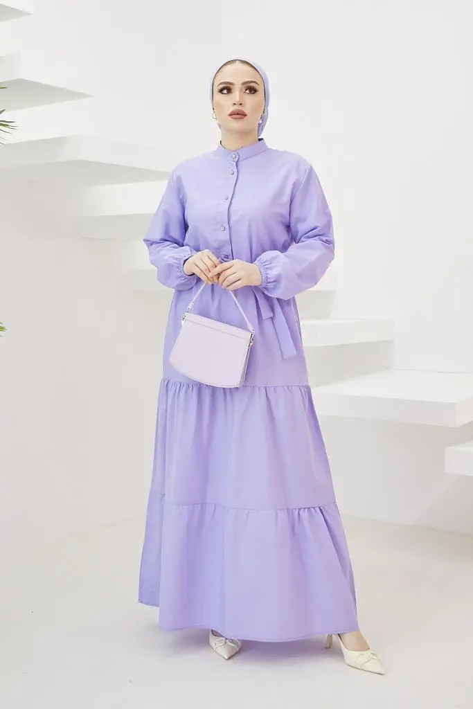 428 Hakim Yaka Düğmeli Tesettür Elbise Lila-detail