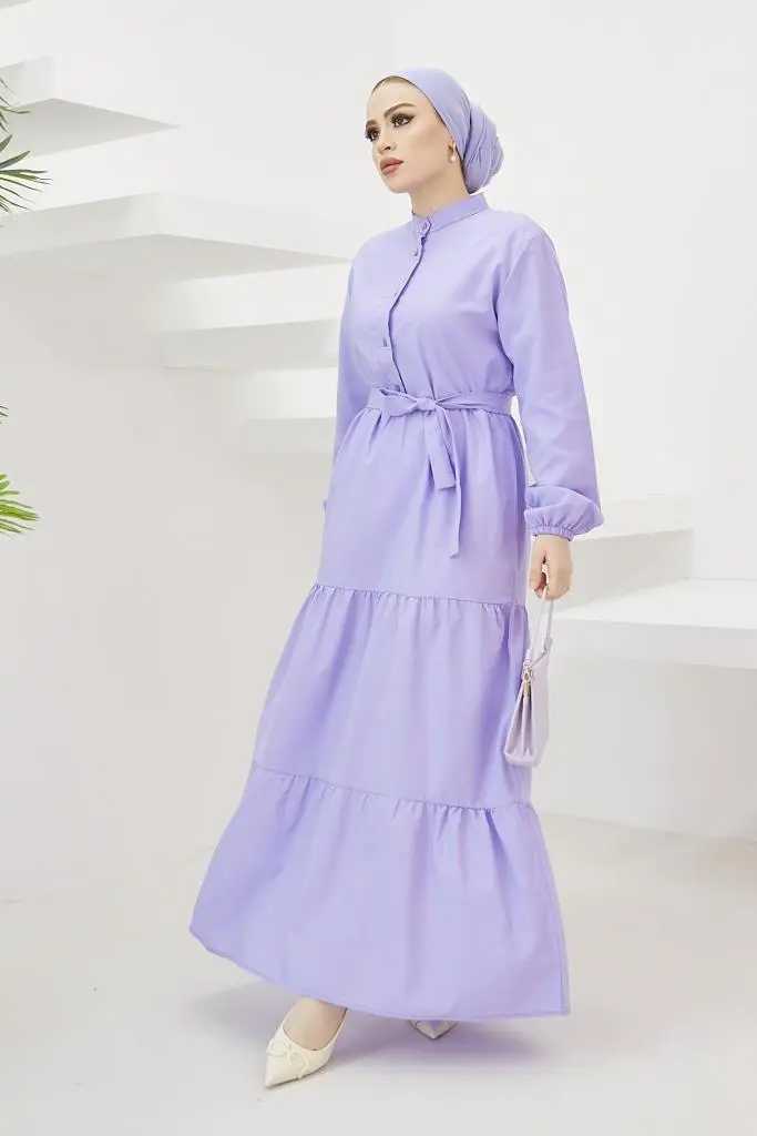 428 Hakim Yaka Düğmeli Tesettür Elbise Lila-detail