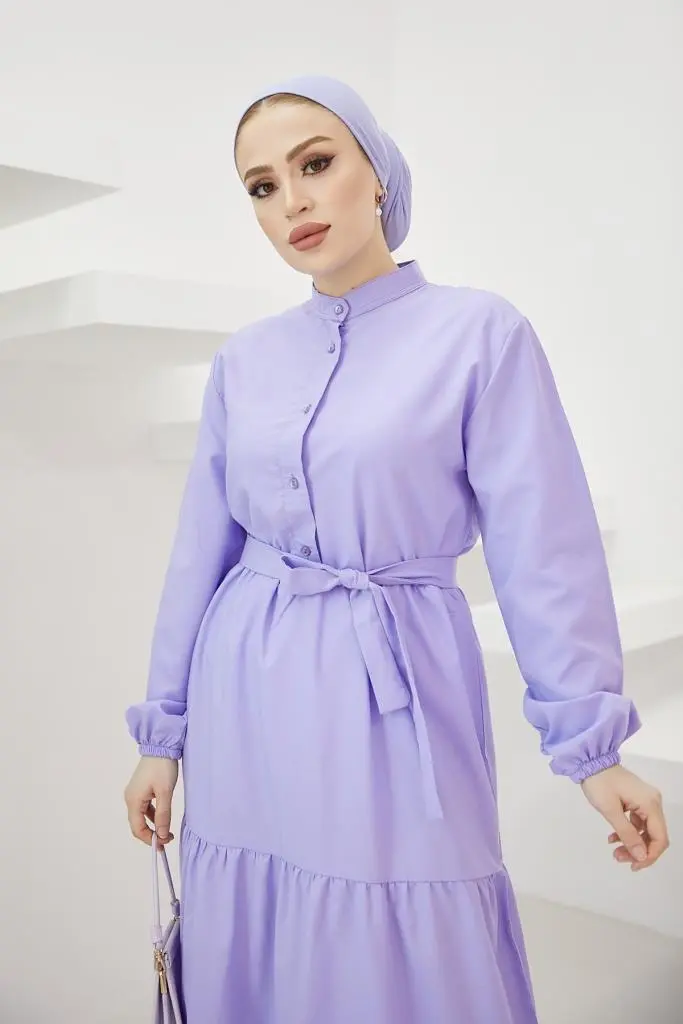 428 Hakim Yaka Düğmeli Tesettür Elbise Lila-detail