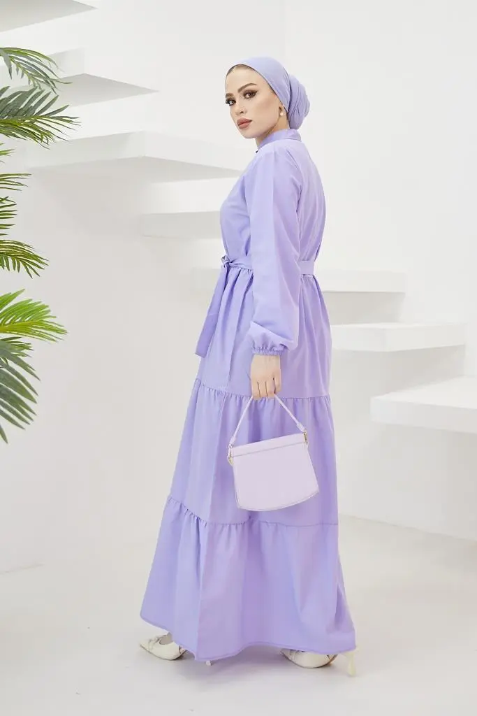 428 Hakim Yaka Düğmeli Tesettür Elbise Lila-detail