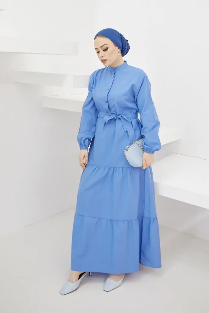 428 Hakim Yaka Düğmeli Tesettür Elbise Mavi-detail