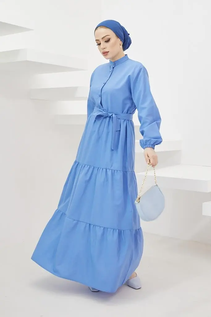 428 Hakim Yaka Düğmeli Tesettür Elbise Mavi-detail
